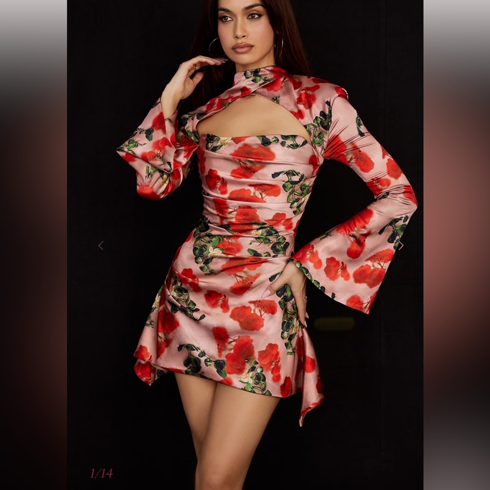 House of CB Pink Floral Asymmetrical Mini Dress with Red Poppy Print